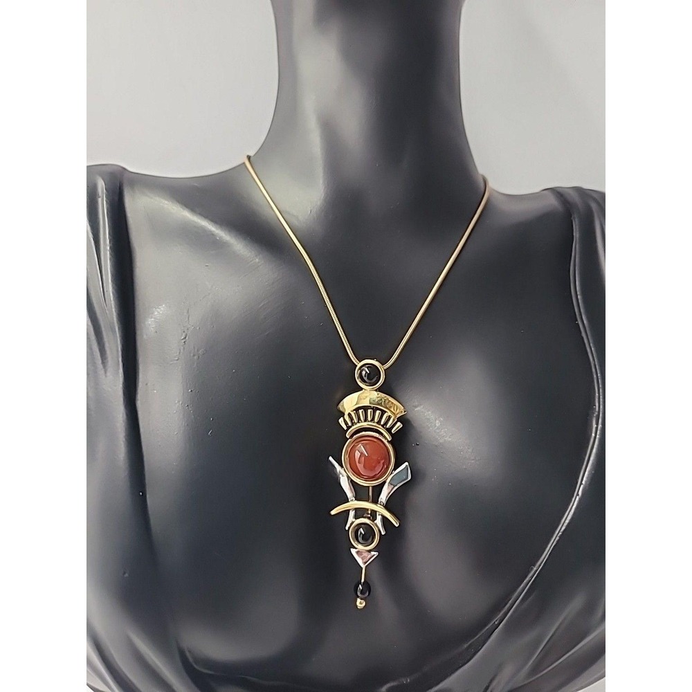 Vintage Levine Modern Art Pendant Brooch Necklace Gold Tone Cabochon Jewelry